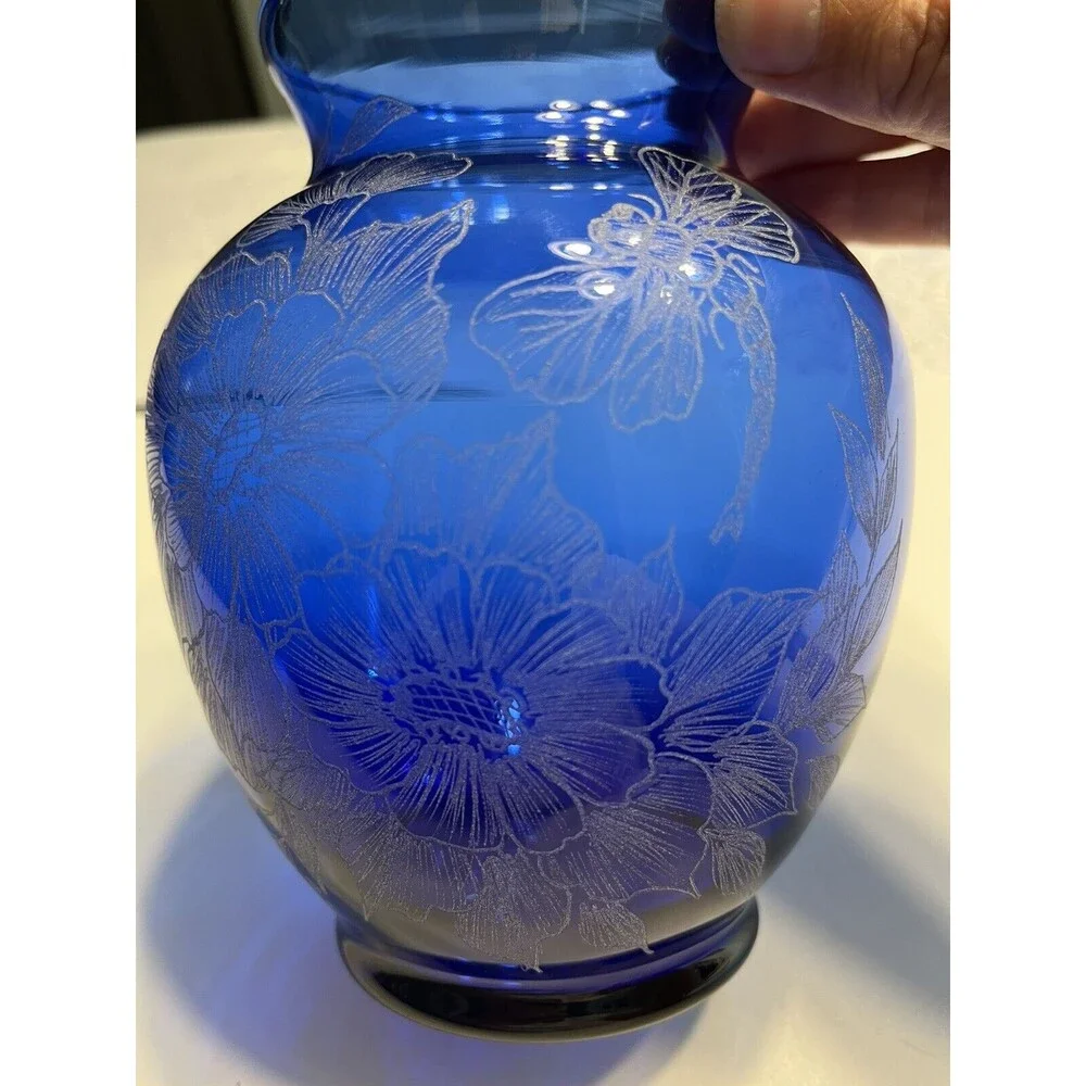 Hand Painted Floral Dragonfly Blue Glass Vase Artist Signed S Conrad